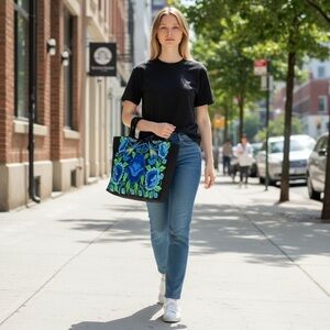 Tote Bag Black Floral embroidered